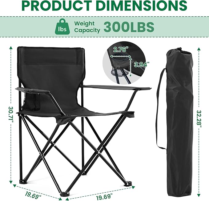4 Pack Folding Camping Chairs for Adults,Foldable Portable Lawn Chairs with Carry Bag & Cup Holder, Compact Design for Camp,Beach, Picnics,and Fishing Supports 300LBS（Black）
