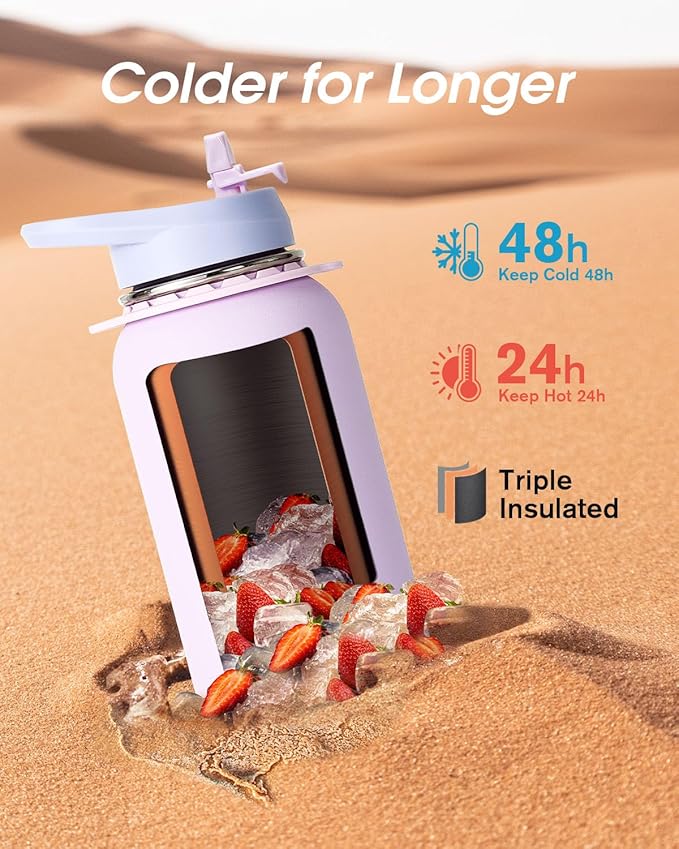 Coolflask Water Bottle with Straw, 40 oz Insulated Metal Water Flask with Straw & Spout Lids, Stainless Steel Double Wall Vacuum, Keep Cold 48h Hot 24h, Leak Proof & Non-BPA, Lavender