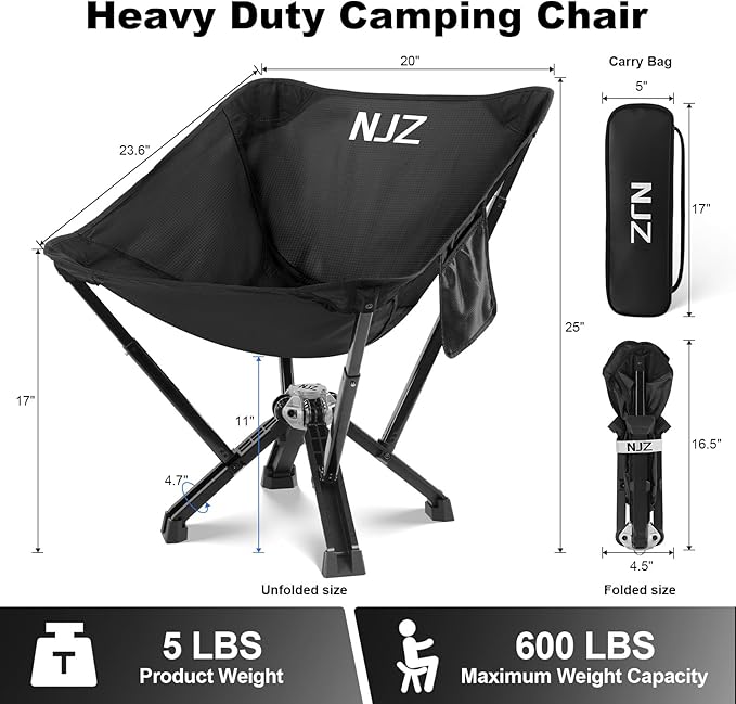 Compact Camping Chair, Portable Comfortable Camping Chair for Adults - 600 LBS Capacity Sturdy Camping Folding Chair with Quick Setup & Carry Bag Compact Camp Chair (Black)
