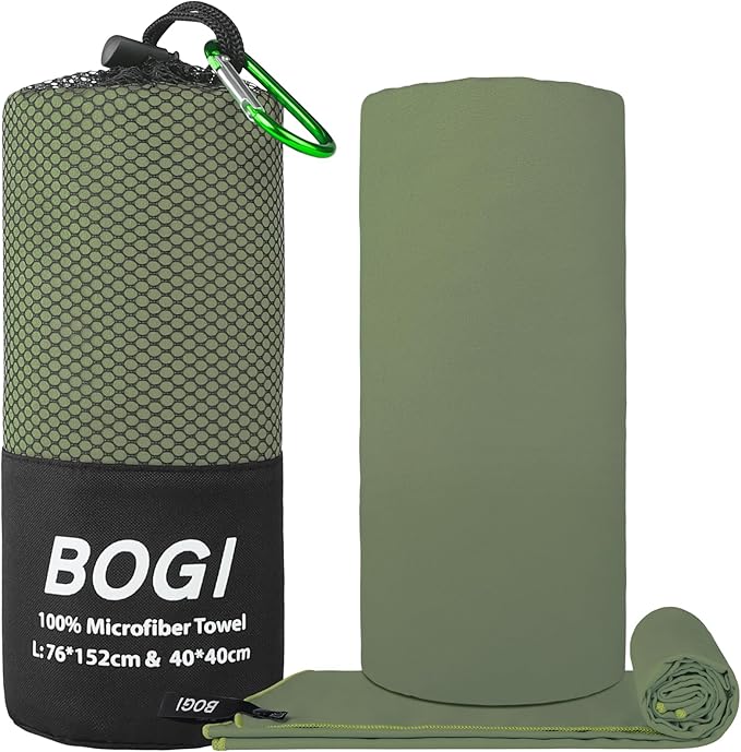 BOGI Microfiber Travel Sports Towel-Quick Dry Travel Towel,Soft Lightweight Absorbent Compact for Camping Gym Beach Bath Yoga Swimming Backpacking (L:60''x30''+16''x16''-AGreen)