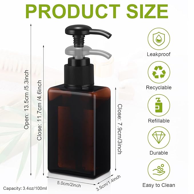 Domensi 12 Pcs 100ml /3.4 oz Pump Bottle Mini Travel Bottles Small Dispenser Containers Plastic Pump Lotion Dispenser Empty Square Travel Size Containers Toiletries (Green,Brown)