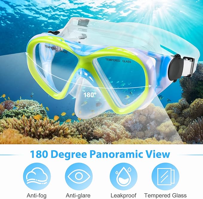 Kids Snorkel Set Dry Top Snorkeling Gear for Kids Youth Boys Girls Junior Age 5-15,Tempered Glass Swimming Diving Mask and Snorkel Set 180 Degree Panoramic View