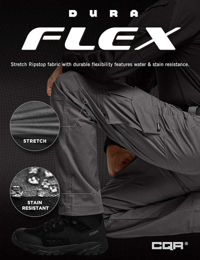CQR Men's Flex Ripstop Tactical Pants, Water Resistant Stretch Cargo Pants, Lightweight EDC Hiking Work Pants