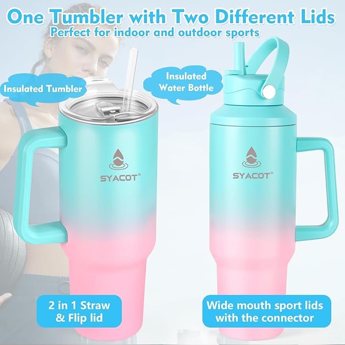 40 oz Tumbler with Handle and Straw or Convert to 40 oz Insulated Water Bottle Fits in Cup Holder. Stainless Steel Metal Water Flask with 2 Lids for Travel,Camping,Gym Sports Coffee Mug Thermal Cup