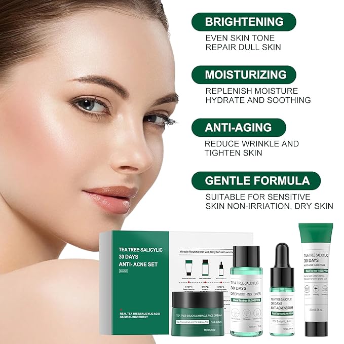 Tea Tree Salicylic Acid Facial Skin Care Set, Acne Treatment Skincare Set ,Skincare Mini Kit, Facial Kit Gifts for Women,Cleanser, Toner, Serum, Cream,Oil Control Facial Kit, Travel Size Set