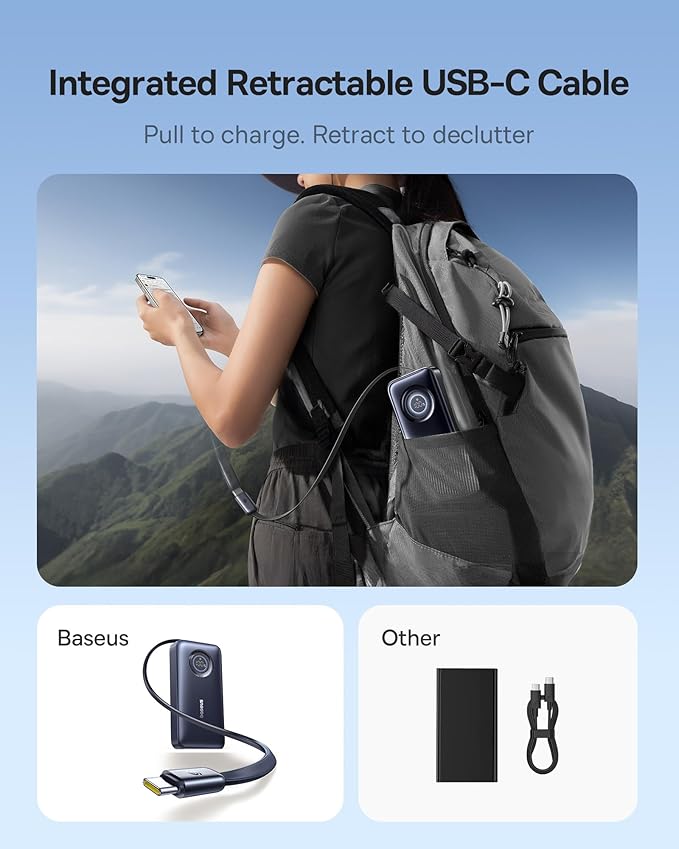 Baseus Picogo Power Bank, 0.3" Ultra Slim 5000mAh MagSafe Battery Pack Bundle with Enercore Power Bank, 10000mAh Fast Charging Portable Charger Built-in 45W Retractable USB-C Cable