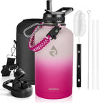 Insulated Water Bottle 64 oz, Triple Wall Vacuum Stainless Steel (Cold for 48 Hrs), Leak Proof & Non-BPA, Half Gallon Water Flask Jug with Paracord Handle & Straw Spout Lids, Ombre Pink