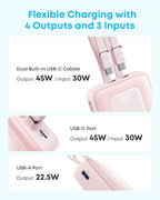 Anker Zolo Power Bank, 45W Max Fast Charging, 20,000mAh Battery Pack with Dual Built-in USB-C Cables, 1 USB-C&A Port, for iPhone 17/16 Series, Samsung, MacBook, iPad, and More