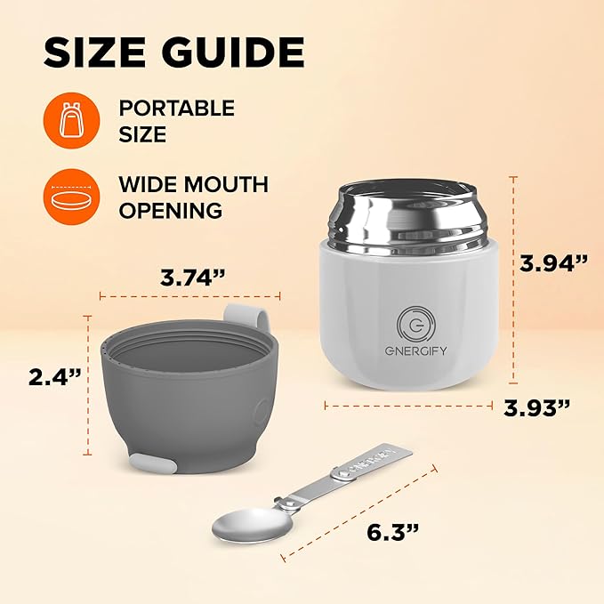 Energify Vacuum Insulated 12oz Titan Gray Thermos with Folding Spoon and Carry Case, BPA-Free, Meal Holder