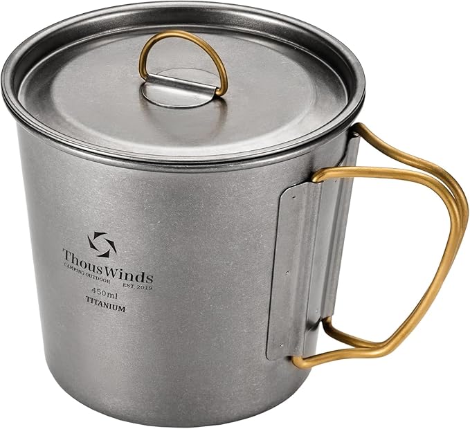 Titanium Mug, 450ml 15oz, Camping Coffee Cup with Foldable Handle and Lid, Lightweight Cup for Outdoor Backpacking Hiking
