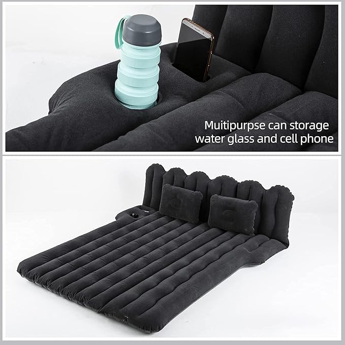 SUV Air Mattress with Cup & Phone Holder, Flocked-Top Car Mattress with 2 Air Pillows & Electric Air Pump, Perfect for Camping, Travel, and Road Trips (Black)