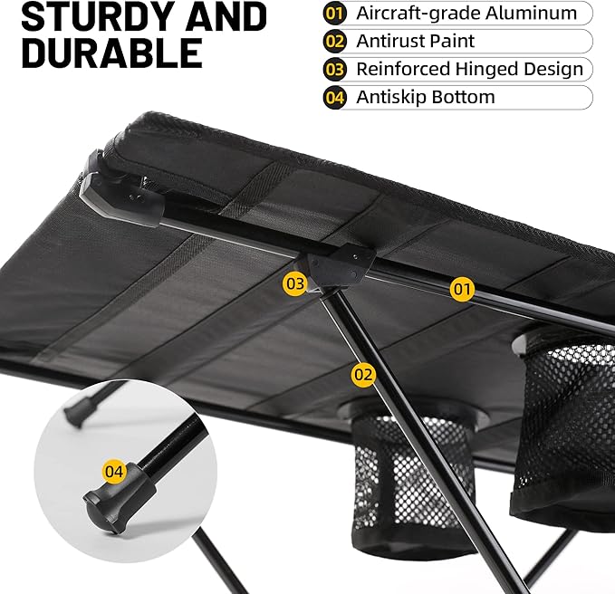 ZUNE LOTOO Portable Camping Table Folding, Small Beach Table Foldable with Drink Holder & Mesh Storage & Carry Bag Compact Camp Tent Side Table for Picnic Tailgate Travel Outdoor Fishing Backpacking