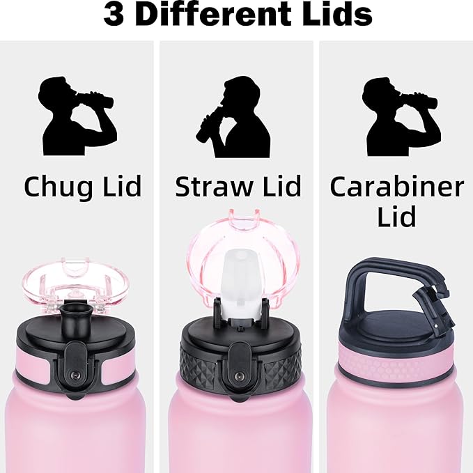 OLDLEY Insulated Water Bottle 20oz Water Bottles with Straw, Stainless Steel Water Bottle with 3 Lids, Double Wall Vacuum Bottles for Adult Kids, Sports Bottles for School Travel, Ombre Pink-Purple