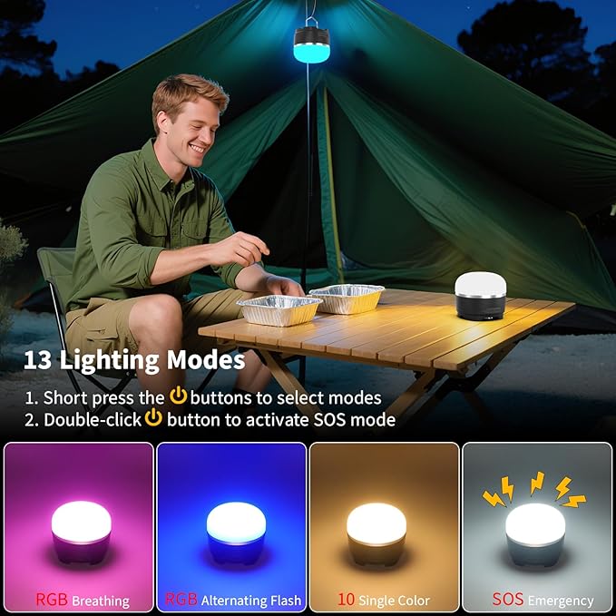 Rechargeable Camping Lantern 8000mAh, Portable RGB Hanging Lights Magnetic Base, Waterproof LED Tent Lights for Camping, Hurricane, Hiking, Home Emergencies, Outdoor Party - Black