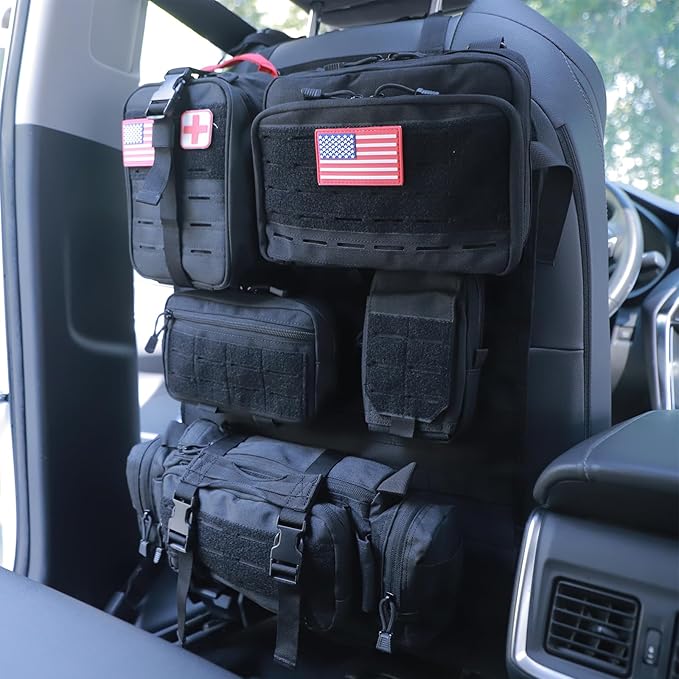 Universal Tactical Car Seat Back Organizer Bag Tactical Molle Vehicle Organizers Panel Vehicle Protector Organizers with 5 Detachable Pouches for Car Truck Ford Jeep (Upgraded D model Black)