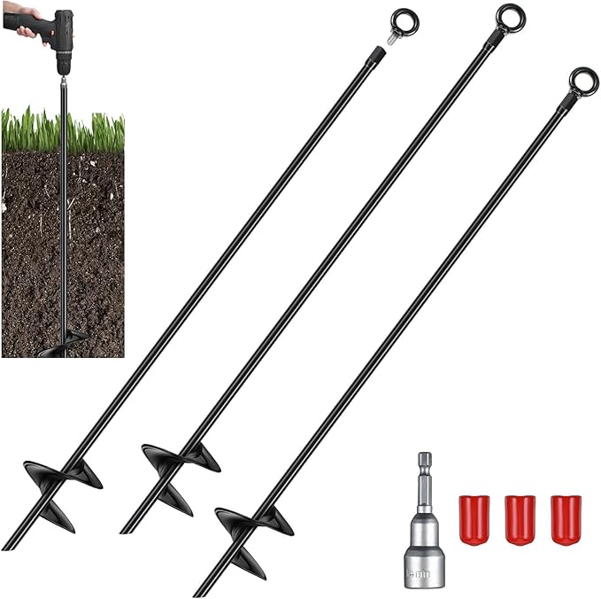 Lasnten 3 Pcs 30 Inch Heavy Duty Ground Anchor Spiral Blade Earth Anchor Kit Metal Anchor Hook Beach Sand Stakes Camping for Securing Animals, Shelters, Tents, Canopies (Black)