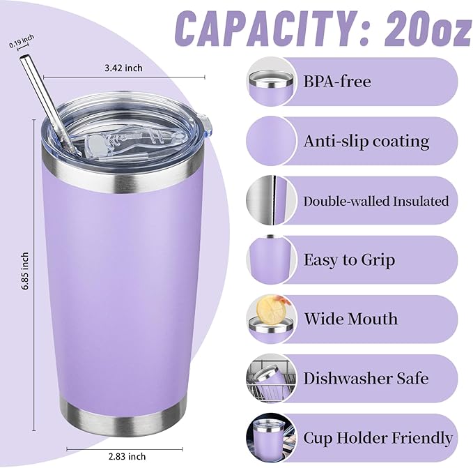 20 oz Tumbler with Lids and Straws, Stainless Steel Insulated Travel Coffee Mug, Double Wall Vacuum Insulated Tumblers, Powder Coated Coffee Tumbler for Cold & Hot Drinks (Light Purple)
