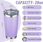 20 oz Tumbler with Lids and Straws, Stainless Steel Insulated Travel Coffee Mug, Double Wall Vacuum Insulated Tumblers, Powder Coated Coffee Tumbler for Cold & Hot Drinks (Light Purple)