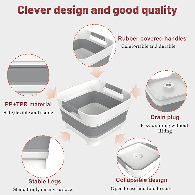 2.4 Gal Collapsbile Wash Basin with Drian Plug,9L Dish Pan for Soaking Baby Bottles,Portable Sink, Multiuse Foldable Bucket,Ice Beverage Tubs for Camping, Vegetable Washing, RV (Gray)