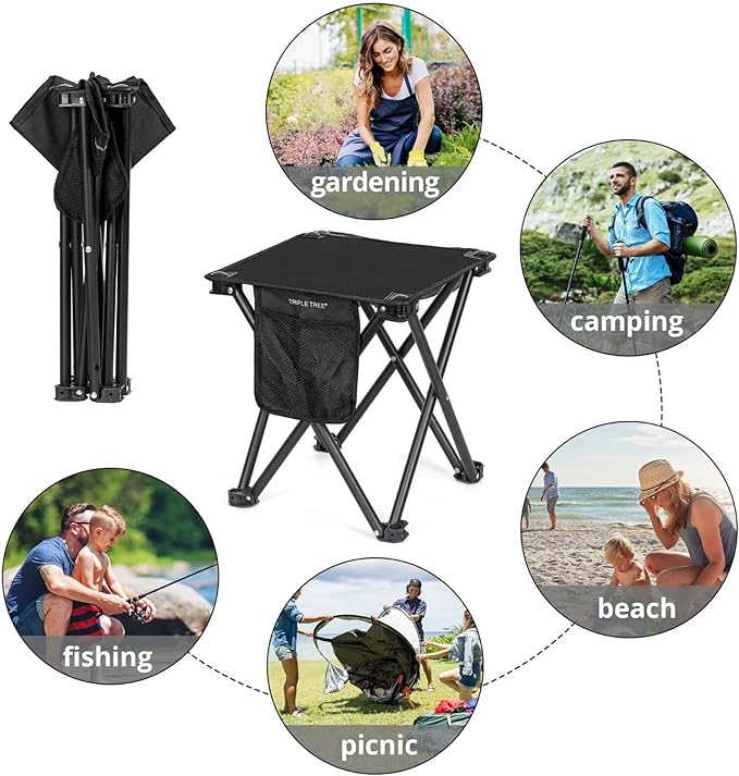 TRIPLE TREE 1 Pack Camping Stool, 13.8 Inch Portable Folding Stool for Outdoor Walking Hiking Fishing 400 LBS Capacity with Carry Bag, Black
