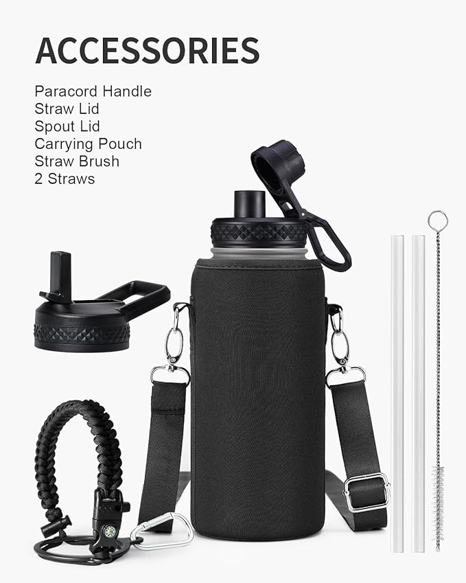 32oz Insulated Water Bottle,Stainless Steel Vacuum Water Bottle, BPA-Free & Leakproof -with Paracord Handle,Strap,Straw Spout Lids,Large Water Jug for Gym Sports