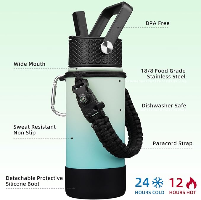 BJPKPK Water Bottle with Straw Lid, 18oz Insulated Water Bottles with 3 Lids, Paracord Handle & Non-slip Boot, Metal Stainless Steel Thermo, BPA Free Leak Proof Cups, Tumblers,Mint