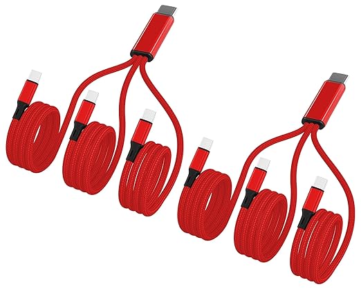 Multi USB C Cable 4FT 2Pack, 3 in 1 Multiple Type C Charging,3A Splitter USB-C Charging, Red Nylon Cord,USB C to 3 USB C Port, Compatible with iPhone 15,iPad Pro,Samsung S24,Google,Android,Kindle fire