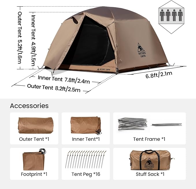 OneTigris JOVIAN 4 Person Camping Tent 3 Season Family Shelter Easy Setup Outdoor Backpacking with 2000mm Outer Rainfly, 5000mm Bottom & Waterproof Floor Mat