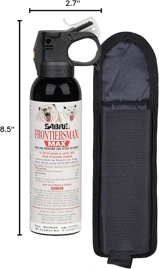 SABRE Frontiersman MAX Bear Spray – 40 ft Range, Maximum Strength, The Only EPA-Registered Spray for Bears & Mountain Lions, 7.9 oz, Glow Safety Clip, Outdoor Hiking & Camping Protection