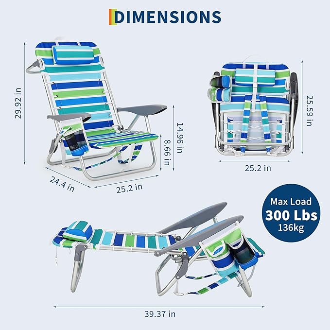 GarveeLife Backpack Beach Chair for Adults, Lightweight Portable Lay Flat Folding Beach Chair with 5 Reclining Positions, Backpack Straps, Phone Pocket, Cup Holder & Towel Bar
