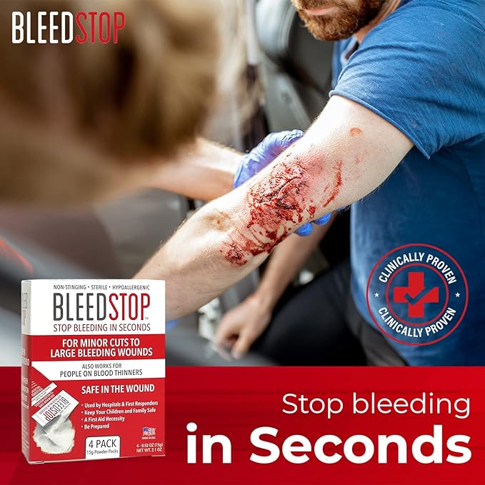 BleedStop First Aid Powder for Blood Clotting, Trauma Kit, Blood Thinner Patients, Camping Safety, and Survival Equipment for Moderate to Severe Bleeding Wounds or Nosebleeds 150 Gram