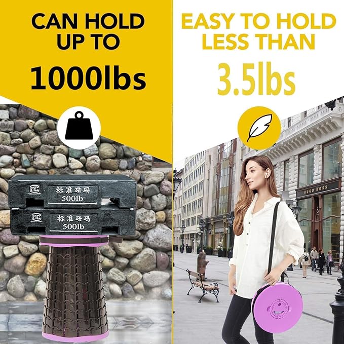 ALEVMOOM Upgraded 19.7" Portable Collapsible Folding Stool Retractable Telescoping Foldable Stool for Adults Heavy Duty Camping Sturdy with Max Load Capacity 1000lbs for Outdoor Fishing Hiking BBQ