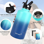 Water Bottle Insulated 32oz 40oz 64oz 128oz Straw Lid Spout Lid & 3 Lids, Leak Proof, Vacuum Insulated,Stainless Steel Water Bottle Wide Mouth for Sports, Gym or Office