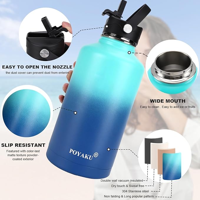 Water Bottle Insulated 32oz 40oz 64oz 128oz Straw Lid Spout Lid & 3 Lids, Leak Proof, Vacuum Insulated,Stainless Steel Water Bottle Wide Mouth for Sports, Gym or Office