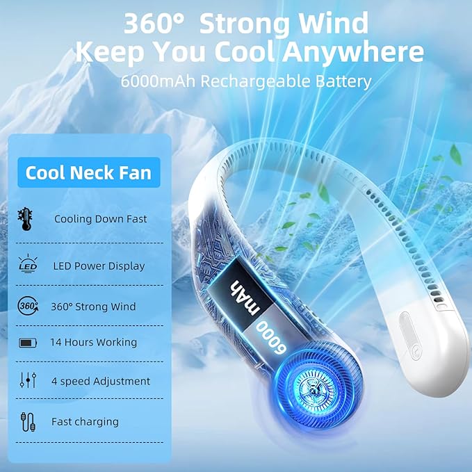 Portable Neck Fan,Hands Free Personal Wearable Bladeless Fan,6000mAh USB Rechargeable,360° Cooling,LED Display,4-Speeds,Birthday Gifts for Men Women Dad Mom,Outdoor Indoor Travel Camping (White)