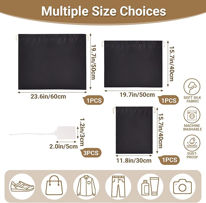 Ewen Small Medium Large Satin Drawstring Dustbags with Tags, 3 Pack Dustproof Travel Essentials Organizer Bags for Handbags, Black Packing Bags for Closet Home Storage Jewelry Shoes Purse Organization
