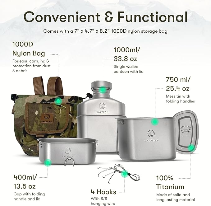 Valtcan Titanium Canteen Mess Kit 1100ml 37oz Capacity with 750ml and 400ml cookware Cups