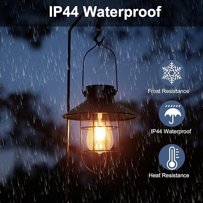 pearlstar Solar Lanterns Outdoor Metal Solar Powered Hanging Lights Waterproof for Wall Barn Yard Garden Patio Garage Balcony Porch Fence Decor, Warm White Edison Bulb (Black-2pack)