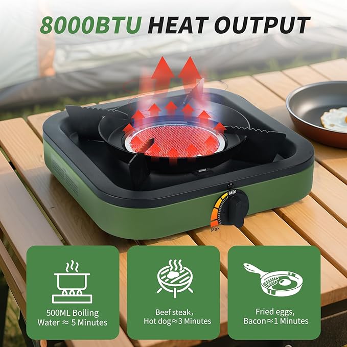 Propane Portable Camping Stove, Single Burner Propane Camp Stove, with Gas Hose, Small Camping Stove, Square Design, Army Green and Black