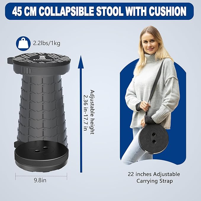 2025 Upgraded 45cm Collapsible Stool with Cushion, Maximum Loading 440 Pounds, Portable and Lightweight Adjustable Seat, Camping Retractable Stool for Outdoor Camping, Fishing, Hiking, BBQ