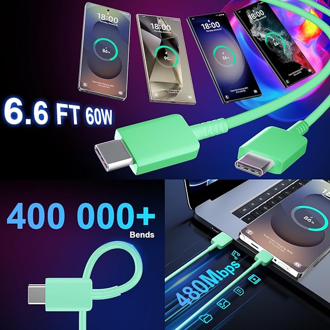 USB C Android Charger Fast Charging Cord, Super Fast Phone Chargers 6.6FT C to C Type Cable with 25W USBC Wall Block for Samsung Galaxy S26 S25 S24 Ultra Plus/S23/S22/S21/S20/Note 20/10, Green