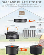 HOMGEN 12-Pieces Ultralight Anodized Aluminum Camping Cookware Set for 2 People - Nesting Pot/Pan with Foldable Handles 800ml Insulated Teapot & Stainless Cups for Camping Hiking