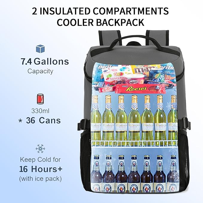 Kalesi Cooler Backpack 36 Cans Lightweight Insulated Backpack Cooler Leak-Proof Travel Camping Lunch Backpack Outdoor Cutlery Backpack for Men and Women