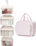 Narwey Travel Toiletry Bag for Women Large Hanging Makeup Bag Organizer Toiletries Bag for Full Size Essentials Accessories Cosmetics (Pink Flower Buds (Large))