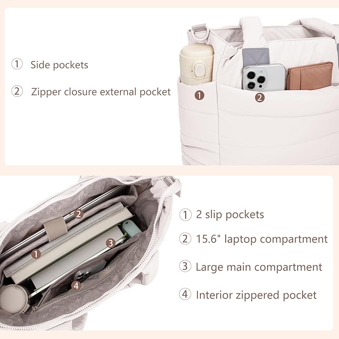 Tote Bag for Women Puffer Work Tote Handbag Large Quilted Nurse Bag with Zipper for Travel