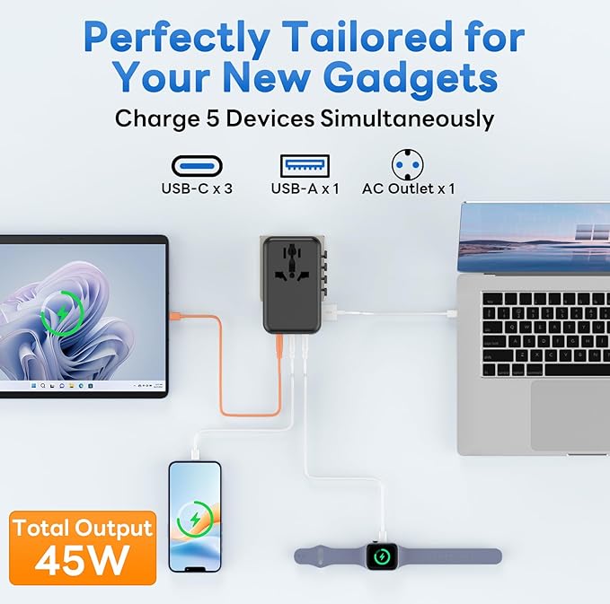Universal Travel Adapter - 45W International Power Adapter with PD Fast Charging, All-in-One Travel Essentials Plug Adapter for USA to European UK AUS India, Type C/G/D/I/A
