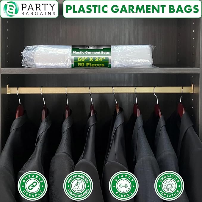 PARTY BARGAINS 60 x 24 Inch Disposable Clear Garment Bags, 50 Pack – Heavy-Duty Plastic Clothes Covers for Suits Dresses Coats, Closet & Travel