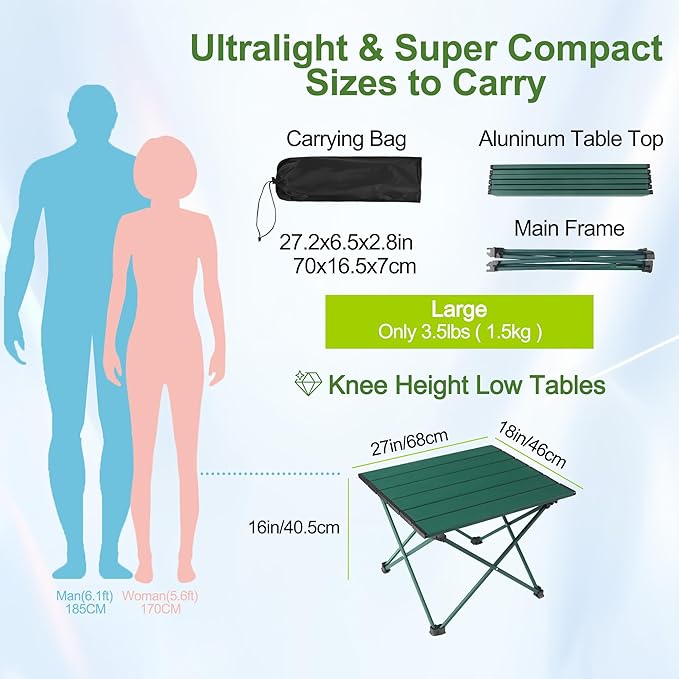 Tesouro Portable Camping Table,Folding Side Table Aluminum Top for Outdoor Cooking, Hiking, Travel, Picnic (Blackish Green-Large)