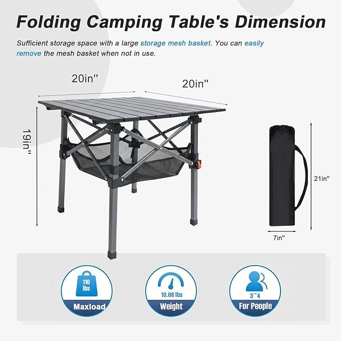 Folding Camping Table, Portable Lightweight Beach Tables for Sand Foldable, Aluminum Roll-up Folding Square Table for Outdoor Camping, Picnic, Card, Travel (Black with Storage Basket)