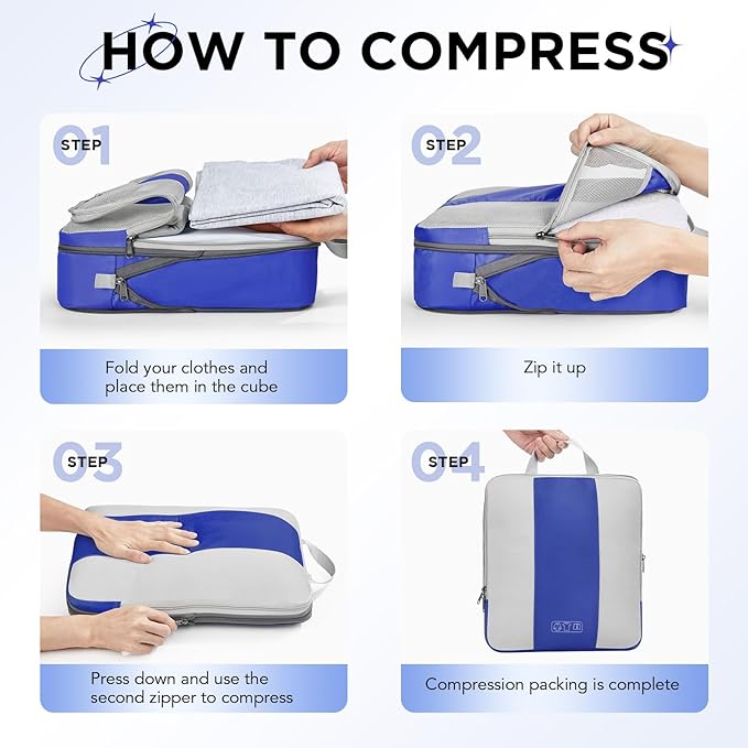 10 Set Compression Packing Cubes for Travel Essentials,Compressible Expandable Packing Cubes for Suitcase,OlarHike Luggage Organizer Bags for Travel,Handy Helper for Organizing Clothes(Klein Blue)